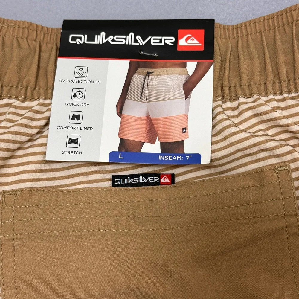 Quiksilver Swim Trunks Mens Large Tan Orange New Striped 7 Inseam Board Shorts
